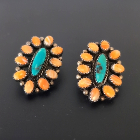 L. Bahe Native American Sterling Silver Turquoise & Spiny Oyster Signed Earrings - Picture 15 of 16
